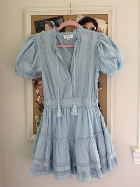 Light Blue Mable Tiered Puff-Sleeve Dress